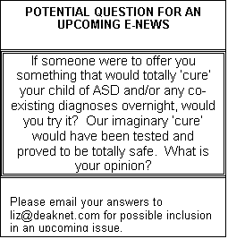 Text Box: POTENTIAL QUESTION FOR AN UPCOMING E-NEWS
If someone were to offer you something that would totally ‘cure’ your child of ASD and/or any co-existing diagnoses overnight, would you try it?  Our imaginary ‘cure’ would have been tested and proved to be totally safe.  What is your opinion?
Please email your answers to liz@deaknet.com for possible inclusion in an upcoming issue.

